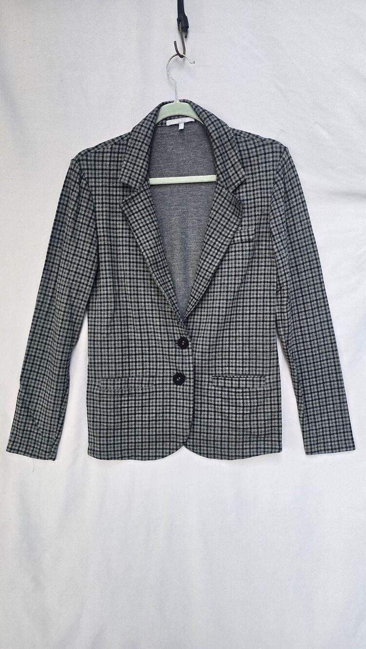 Lemon Tart Blazer Jacket Womens Medium Gray Check Knit 2 Button Workwear Office